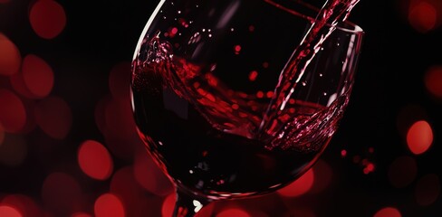 Wall Mural - Red wine pouring into wineglass closeup. Bokeh lights background