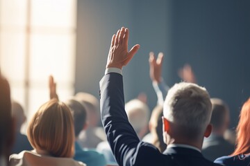 Wall Mural - Anonymous group raises hands at seminar