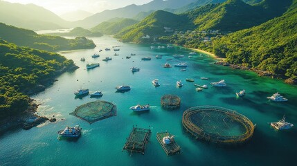 Wall Mural - Aerial view of boats and fish farms in a serene coastal landscape.