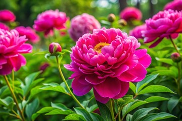 Beautiful blooming peony plant showcasing vibrant petals in a lush green garden setting