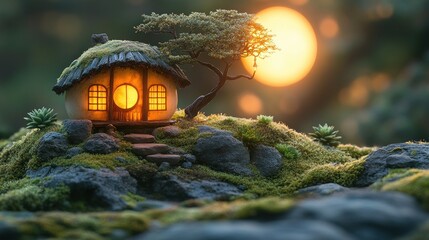 Wall Mural - A charming miniature house nestled in a serene landscape at sunset.