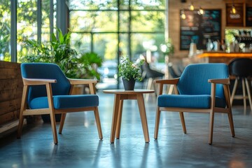 Two Blue Upholstered Chairs and a Wooden Table in a Coffee Shop