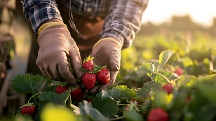 Wall Mural - Hands Picking Fresh Organic Strawberry Fruit in Lush Green Garden