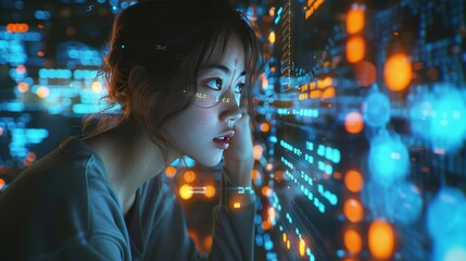 Wall Mural - a woman coder analyzing data with a glowing hologram in a nighttime cyber programming world