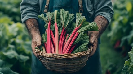 Wall Mural - Healthy Organic Rhubarb Harvest in Wicker Basket on Farm Field