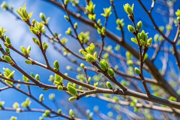 Wall Mural - Close-up of tree branch with green buds in spring