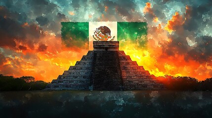 Wall Mural - The silhouette of Chichen Itza at sunset, with the Mexican flag painted in soft watercolor tones in the sky behind. The pyramid’s dark outline contrasts beautifully with the vibrant green, white,