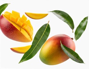 set with fresh ripe mango with leaves falling in the air isolated on white background