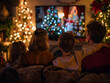 © domi002 - A cheerful family gathers around the TV, watching a holiday-themed special together with smiles.