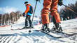 © Jafree - Ski Instructor Demonstrating Techniques on a Snowy Mountain with a Group of Skiers. Concept of Winter Sports Training, Outdoor Adventure, Snowy Mountain Activities