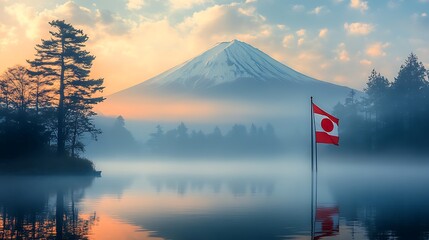 Wall Mural - The silhouette of Mount Fuji in the foreground, with the Japanese flag blending into the misty background in a soft watercolor style.