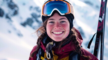 Young Smiling Woman Wearing Ski Gear with Mountain Background. Concept of Winter Sport, Outdoor Adventure, Skiing. Copy space