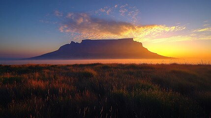 Wall Mural - The silhouette of Table Mountain at dawn, with the South African flag softly painted in the background. The golden light of sunrise highlights the mountain’s flat top,