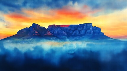 Wall Mural - The silhouette of Table Mountain at sunset, with the South African flag’s colors gently diffused into the watercolor sky behind. The mountain is illuminated by warm evening light,