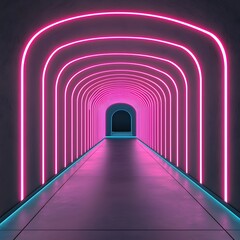 Wall Mural - vibrant neon corridor with glowing pink and blue lines, futuristic tunnel with a sleek, high-tech at