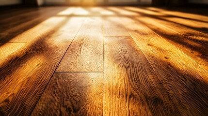 Warm-toned wooden floor with visible grain patterns, soft light reflecting off the surface, rustic and cozy interior setting