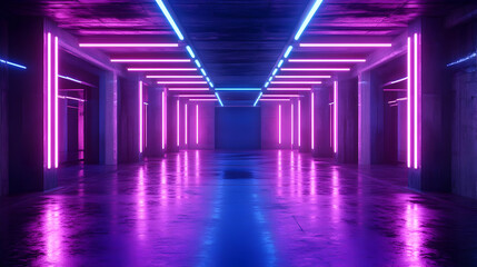 Neon Lights Corridor 3D Illustration