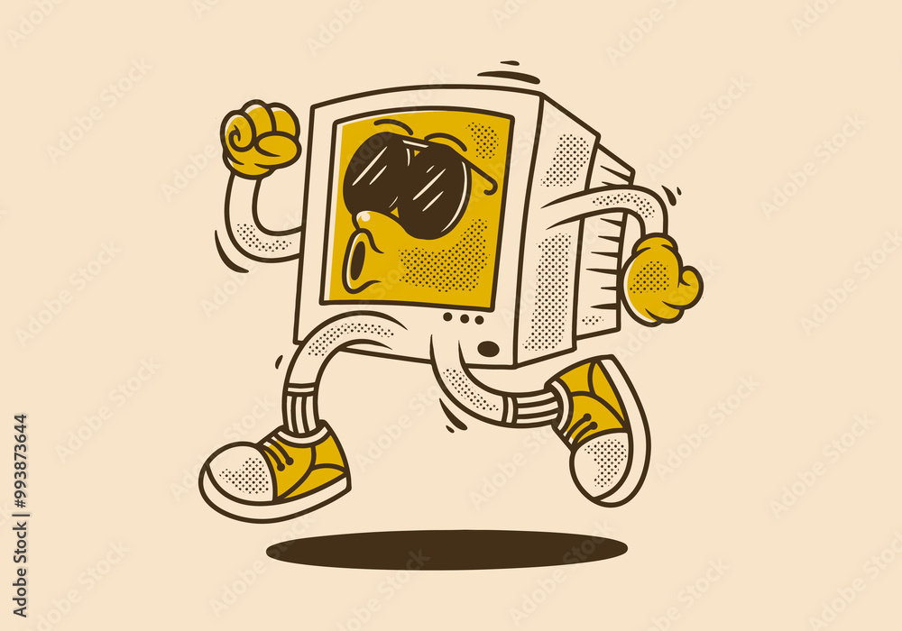 Computer monitor character design in running pose with retro vintage ...