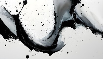 Wall Mural - Japanese-inspired abstract black ink splash with dynamic brush strokes and grunge stains on a white backdrop