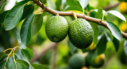 Avocado tree branch with ripe fruits wide angle agriculture nature background