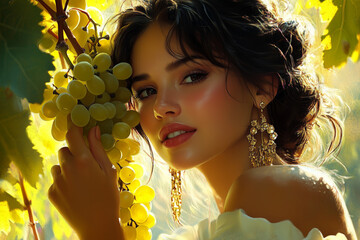 Woman enjoying sunlight among green grapevines, tasting fresh grapes, outdoors, serene expression, vineyard beauty, harvest season concept