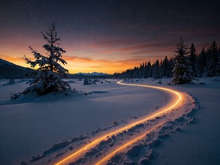 Wall Mural - Light streak curves through a snowy landscape, creating a magical, glowing scene.