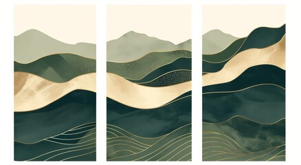 set of three minimalist line art posters depicting a serene mountain landscape in beige and green to