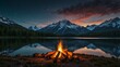 © Kasper - Majestic mountain landscape with a campfire by a lake.
