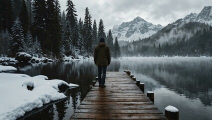 Sticker - Man standing on a snowy pier by a lake, surrounded by foggy peaks and snow-covered forests.