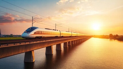 Poster - A scenic view of a high-speed train crossing a bridge over a river at sunset, with the golden light reflecting on the water, creating a picturesque travel moment.