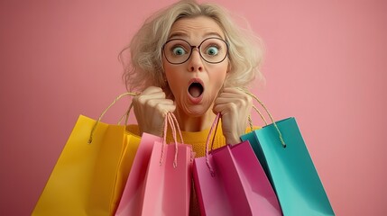 Closeup photo of funny girl amazed open mouth looking small prices in shopping center hold packages isolated on pink color background