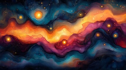 Abstract Cosmic Nebula Painting: Vibrant Colors and Celestial Forms