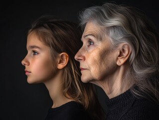 A side-profile portrait of two women, one younger and one older, both with thoughtful expressions, their age differences subtly visible