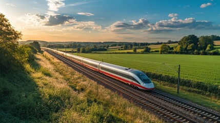 A sleek, modern train speeding along a picturesque countryside, with vibrant green fields and blue skies in the background, capturing the essence of travel.