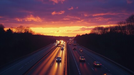 Poster - A sunset scene on a motorway, with vibrant orange and purple skies illuminating the road as vehicles travel in both directions, creating a stunning contrast.