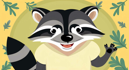 Canvas Print - Cartoon raccoon smiling on pale yellow background character graphic