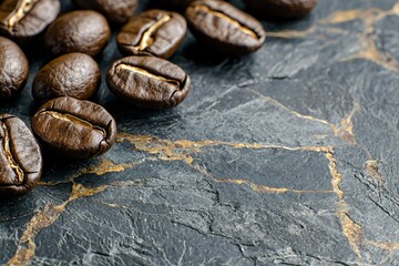 Wall Mural - Roasted Coffee Beans Scattered on Black Marble Surface