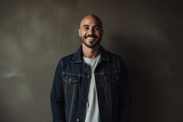 Portrait of a happy man in his 30s sporting a rugged denim jacket on minimalist or empty room background