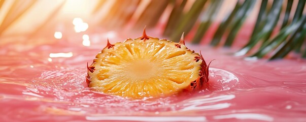 A vibrant pineapple slice floating in pink liquid with a palm leaf backdrop.