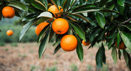 Orange tree branch with fruits and leaves wide angle agriculture background