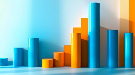 Fototapete - A vibrant 3D bar chart in shades of blue and orange, set against a white background with shadows cast by the bars to create a sense of depth and dimension.