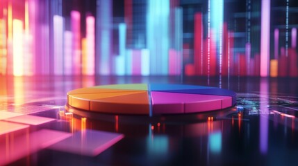 Leinwandbilder - A vibrant 3D pie chart with colorful segments floating above a digital screen, representing data analysis, with sleek reflections and dynamic lighting.