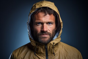 Canvas Print - Portrait of a satisfied man in his 30s wearing a windproof softshell on minimalist or empty room background