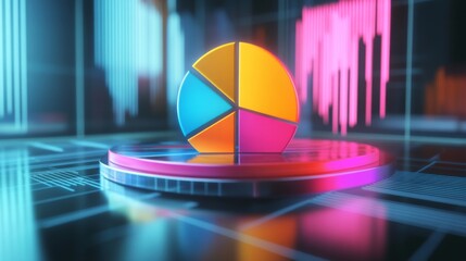 Leinwandbilder - A vibrant 3D pie chart with colorful segments floating above a digital screen, representing data analysis, with sleek reflections and dynamic lighting.