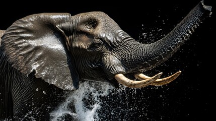 Wall Mural - Powerful African Elephant Spraying Water with Majestic Trunk in Motion