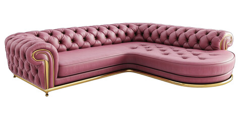 L shape luxury cerise and gold leather sofa set with elegant leather buttons pattern isolated on transparent background 