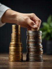 Person stacking coins, symbolizing financial growth.