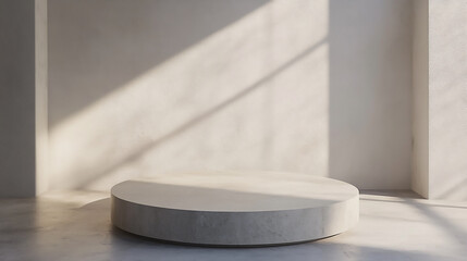 Wall Mural - an empty cylindrical product display podium against a dark abstract wall with drifting smoke contemp