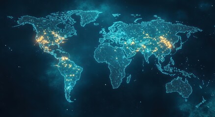 Global Network Connectivity   Digital World Map with Glowing Cities