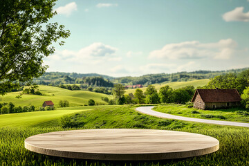 Product Presentation Podium in Green Farm Setting with Village House and Country Road Mockup Background